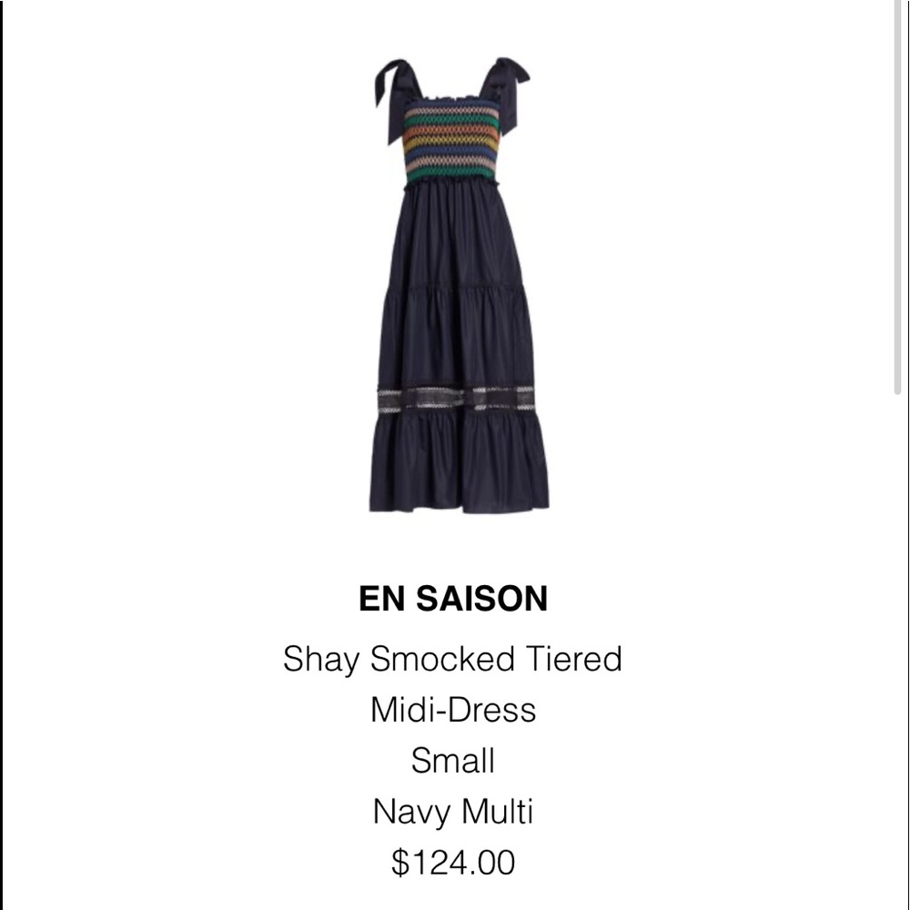 NWT navy dress with multi color smocking. En Saison brand